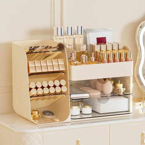 Miniatura 9 de Organizador de Maquillaje con 2 Cajones M y Portacepillos - Estuche de Almacenamiento de Cosméticos para Tocador, Encimera de Baño y Escritorio