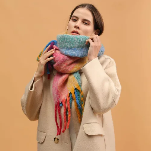 Miniatura 9 de Bufanda cálida para mujer, colorida y suave, cómoda, elegante chal de pashmina para clima frío, bufanda larga de moda, borla de coleta