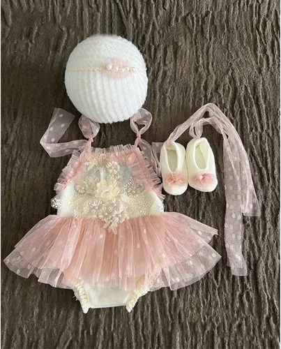 Zeroest Conjunto de Accesorios para Fotografía de Recién Nacidos, Juego de Vestido de Encaje para Niña, Traje para Sesión de Fotos de Bebé Niña,