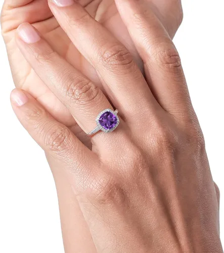 Miniatura 4 de Gem Stone King Anillo de compromiso de oro blanco de 10 quilates con amatista morada y diamantes de acento para mujer