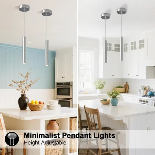 Miniatura 2 de Modernas lámparas colgantes LED cromadas de tubo largo, paquete de 2 lámparas colgantes para dormitorio, comedor, bar, cocina, isla, luz colgante