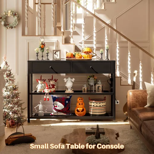 Miniatura 2 de Ecoprsio Mesa de Entrada con Tomacorrientes y Puertos USB, Mesa Consola con 2 Cajones, Mesa de Sofá Pequeña con Estantes de Almacenamiento para Sala