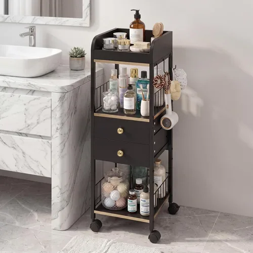 Miniatura 9 de Makeup Organizer Cart, Rolling Floor Skincare Organizer and Storage with 2 Wooden Drawers, Cosmetics Display Cases Holder for Skin Care Perfume Hair