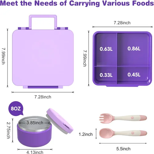 Miniatura 4 de Pawtong Lonchera Bento con termo de sopa de 8 onzas, recipientes de comida a prueba de fugas para niños con 4 compartimentos, recipiente de comida