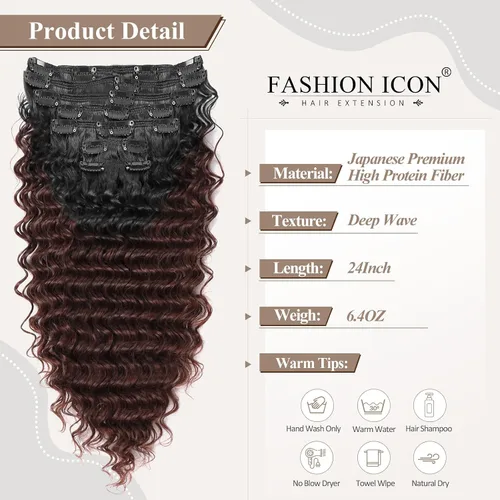 Miniatura 2 de Extensión de cabello humano con clip de onda profunda de 24 pulgadas, postizo de doble trama, sintético para mujeres, extensiones de cabello grueso