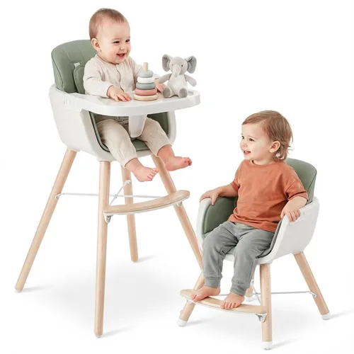 Miniatura 12 de Mallify Silla alta de madera 3 en 1, sillas altas convertibles para bebés y niños pequeños, silla alta para bebé con patas ajustables y bandeja apta