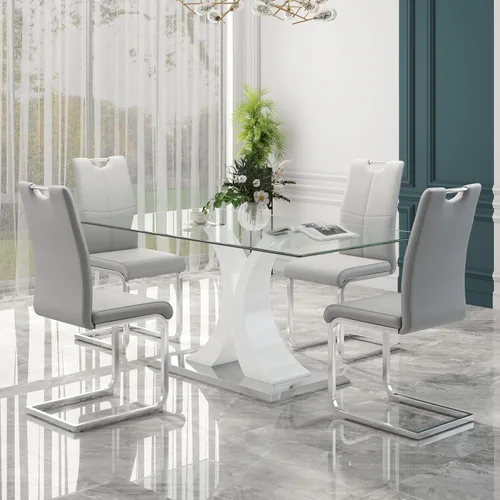 Miniatura 11 de Juego de comedor moderno de vidrio de lujo de 5 piezas, juego de cena rectangular minimalista grande para 4, juego de mesa de cocina de vidrio
