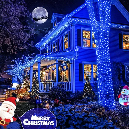 Miniatura 3 de JMEXSUSS 600 luces LED solares azules de Navidad, 206.7 pies, luces azules de Navidad al aire libre, impermeables, 8 modos de luz solar al aire