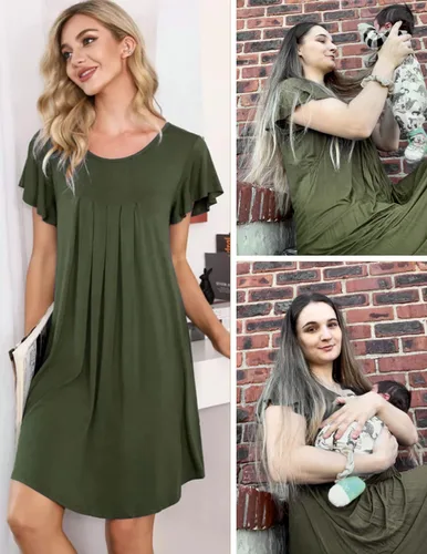 Miniatura 5 de Ekouaer 3 en 1 camisón de lactancia de maternidad vestido de hospitalparto vestido de hospital de manga acampanada plisado vestido de lactancia
