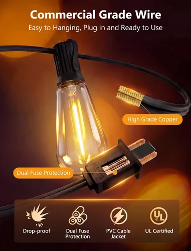Miniatura 9 de Tira de luces LED ST40 de 20 pies para exteriores con 22 bombillas Edison vintage inastillables, tira de luces para patio, impermeable, para patio