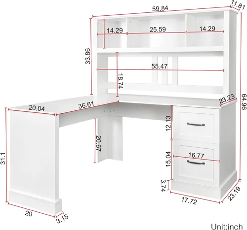 Miniatura 2 de Holaki Escritorio en forma de L, escritorio de computadora con cajones, estantería y gabinete, escritorio esquinero moderno, oficina en casa, mesa