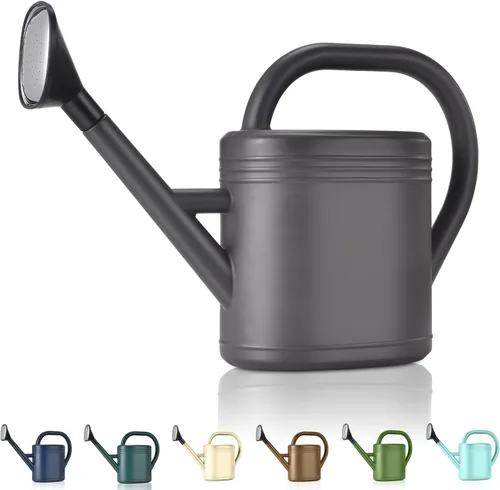 Regadera de 1 galón para jardín, plantas de interior, plantas de exterior, flores de casa, pico largo grande con cabezal rociador (gris)