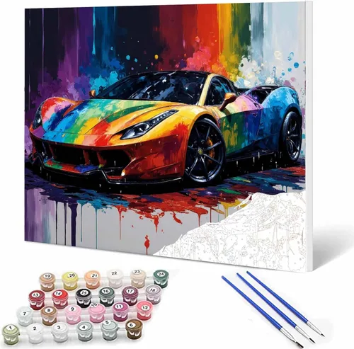 Miniatura 13 de Pintura por números, auto de carreras, kit de pintura al óleo de lienzo colorido para niños y adultos, pintura de dibujo de 16 x 20 pulgadas