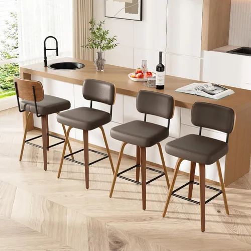 Miniatura 15 de Juego de 1 taburete de bar giratorio, taburetes de bar tapizados de 26" de altura para encimera con respaldo de nogal y patas de madera curvada