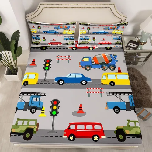 Miniatura 11 de Juego de sábanas bajeras ajustables para niños, diseño de caricaturas, camiones, tamaño individual, juegos de ropa de cama de excavadoras, camiones