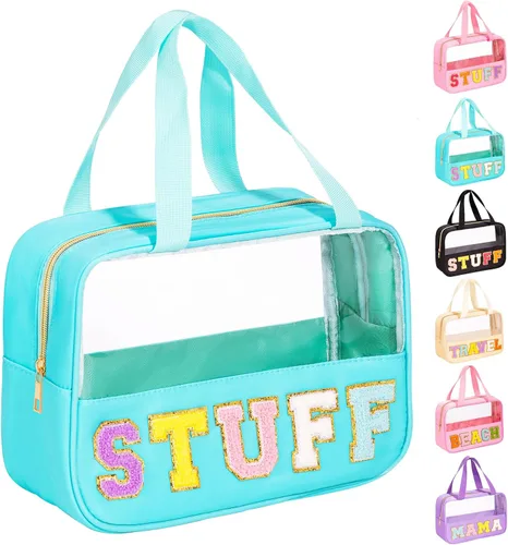 Miniatura 11 de Eurovicky Bolso de Maquillaje Transparente con Letras de Chenilla, Bolsa de Maquillaje de Nailon Preppy con Asa y Cremallera, Bolsa de Viaje