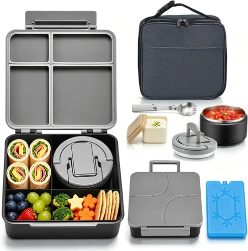 Lonchera Bento con termo de sopa de 8 onzas, a prueba de fugas, 4 compartimentos, para niños, con taza de salsa y bolsa de hielo, tarro de comida