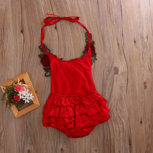 Miniatura 5 de Mrs.Baker'Home Baby Girl 3D Flower Applique Halter Floral Romper,Backless Bodysuit,Ruffle Sunsuit