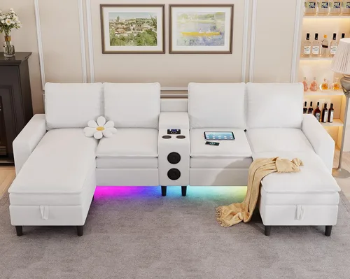 Sofás seccionales para sala de estar, sofá modular de 4 asientos con módulo inteligente, altavoz Bluetooth, luz RGB, estación de carga, sofá de nube