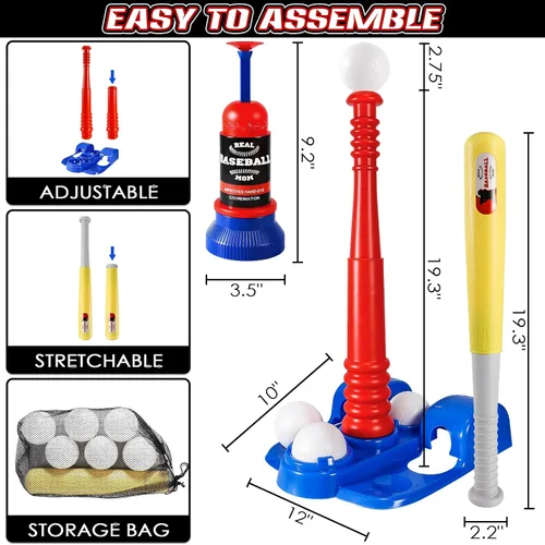 Miniatura 6 de Juego de pelota para niños, juegos de pelota en T para niños pequeños de 1 a 3 años, juguetes de béisbol con 6 bolas/guante/máquina de Azul