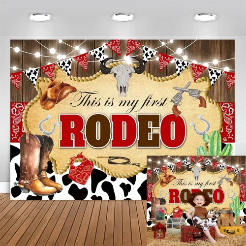 Miniatura 6 de This is My First Rodeo - Telón de fondo de madera de vaquero occidental, estampado de vaca, fondo de cumpleaños, decoración de fiesta de primer