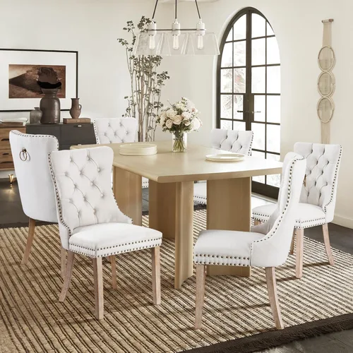 Miniatura 80 de Juego de 4 sillas de comedor de terciopelo, sillas de comedor tapizadas con ribete de cabeza de clavo y patas de madera maciza para cocina