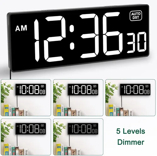 Miniatura 4 de Soobest Reloj de pared digital LED con segundos, enchufe de reloj eléctrico, atenuador automático DST con pantalla LED grande de 10 pulgadas (blanco)