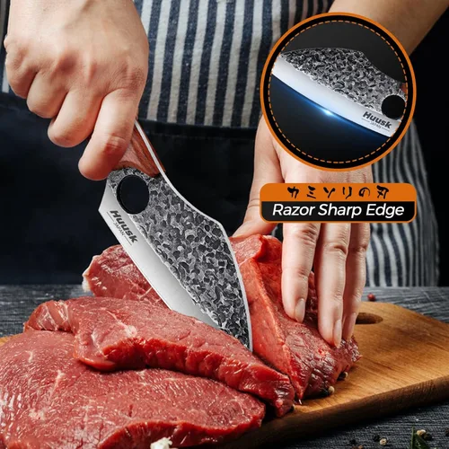 Miniatura 3 de Huusk Cuchillo de Carnicero Forjado a Mano - Cuchillo de Carnicero para Cortar Carne, Cuchillo Vikingo de Cocina Japonés con Funda, Cuchillos