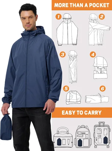 Miniatura 5 de Chaqueta impermeable para hombre, rompevientos, impermeable, para ciclismo, correr, senderismo, con capucha, ligera, plegable