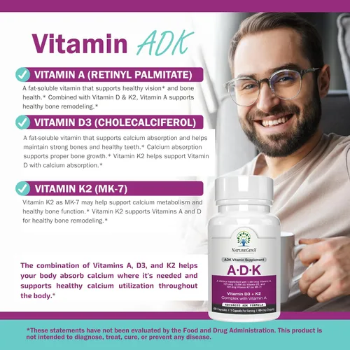 Miniatura 5 de NatureGenX ADK Suplemento vitamínico de 5000 UI – Vitaminas A, D3 y K2 de alta potencia para la salud ósea y absorción de calcio Suplemento