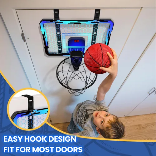 Miniatura 5 de QDRAGON Aro de baloncesto para interiores para niños, mini aros de baloncesto sobre la puerta con 7 luces LED, juguetes de baloncesto, regalos