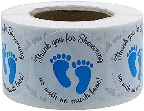 Etiquetas adhesivas de Baby Shower neutrales de género, gracias por ducharnos con mucho amor, etiquetas redondas azules para bebé,