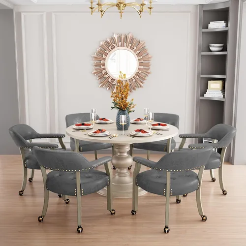 Miniatura 82 de Juego de 8 sillas de cuero de comedor con ruedas y brazos, silla de capitán Accent con ruedas, sillas de madera con ruedas enrollables para cocina