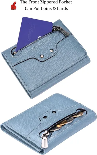 Miniatura 3 de AINIMOER Cartera pequeña de piel para mujer, delgada, compacta, con bloqueo RFID, con bolsillo para monedas, Bloqueo Rfid de Lichee Gray Blue