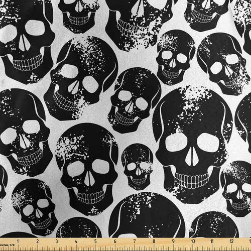 Miniatura 123 de Ambesonne The Yard, tela de calavera colorida con temática de Halloween, diseño de calavera y huesos cruzados, divertido estampado de dibujos