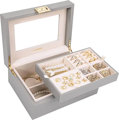 LANDICI Caja organizadora de joyas para mujeres, adolescentes y niñas, estuche grande de almacenamiento de joyas con espejo, bandeja apilable