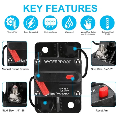 Miniatura 5 de Generic Disyuntor impermeable de 120 amperios, con reinicio manual, 12 V-48 V CC, 30A-300 A, para motores de arrastre marinos, barco, ATV, sistema