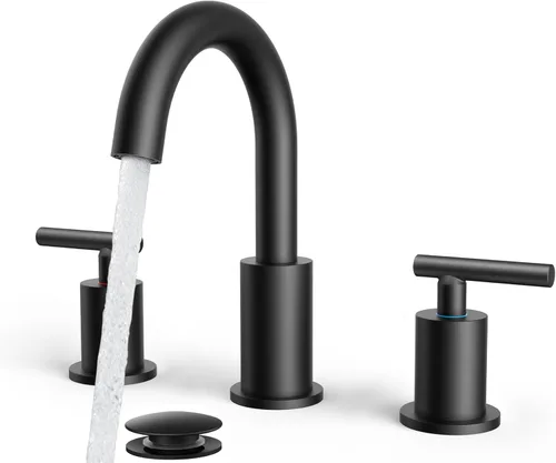 FORIOUS Grifo de baño negro de 3 agujeros, 8 pulgadas, grifo de lavabo de baño negro mate generalizado con boquilla giratoria de 360°, adecuado para