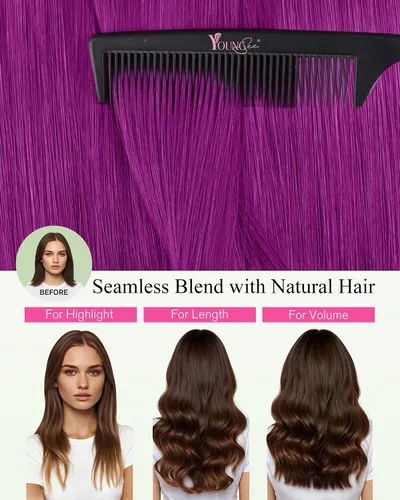 Miniatura 6 de YoungSee - Extensiones de cabello humano con cinta, extensiones de cabello color morado con cinta, 20g, extensiones de cabello teñido con cinta, 12