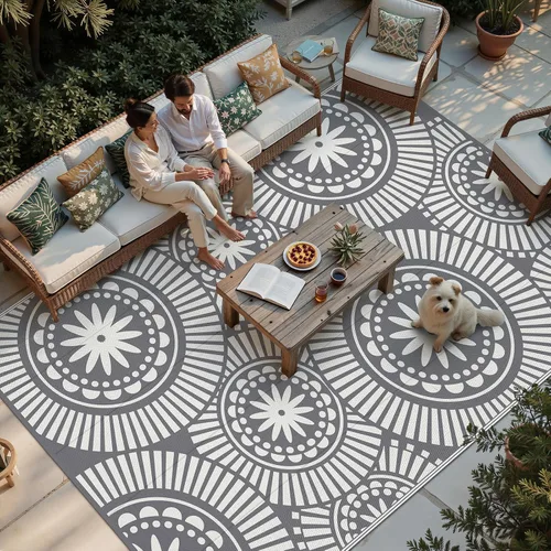 Miniatura 30 de Ileading Alfombra de Paja de Plástico para Exteriores 5x8 pies Estilo Floral Divertido Alfombras de Área Reversibles para Patio Impermeables