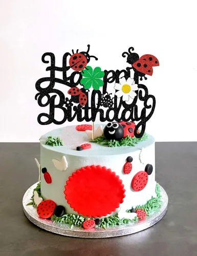 Miniatura 6 de Decoración para tartas de mariquitas, decoración de feliz cumpleaños para niños y niñas, mariquita con purpurina, trébol de margaritas, suministros