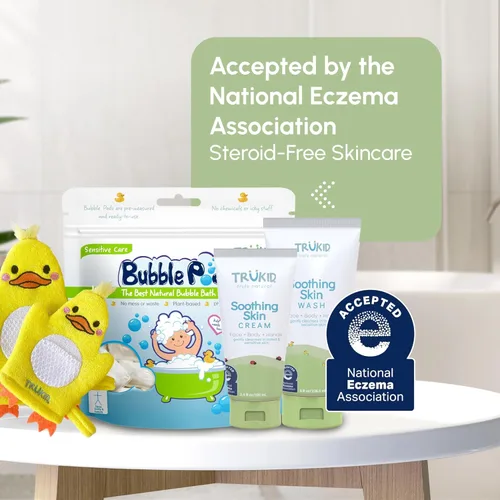 Miniatura 8 de TruKid Podz de burbujas para eccema con crema para eccema y guante de burbujas - Juego de baño de burbujas suave y cuidado de la piel para niños