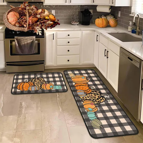 Miniatura 8 de Juego de 2 alfombras y tapetes de cocina de otoño, alfombras de cocina de Acción de Gracias, con respaldo antideslizante, decoraciones de otoño