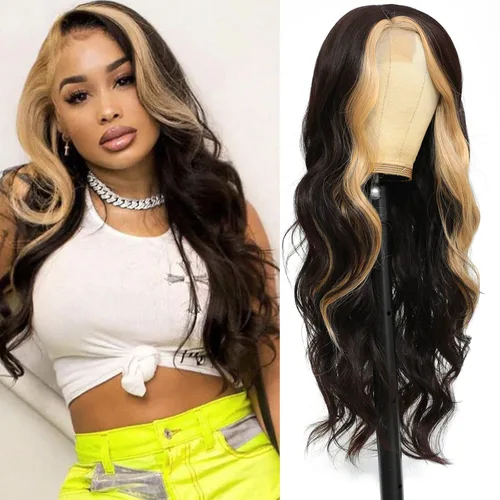 Miniatura 10 de Peluca de cabello sintético ondulado con encaje frontal, peluca marrón con reflejos rubios, pelucas largas onduladas de 28 pulgadas para mujeres