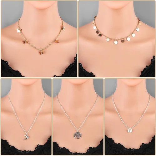 Miniatura 4 de Thrilez - Juego de 24 collares escalonados para mujeres adolescentes y niñas colores dorado y plateado simple y moderno joyería para usar