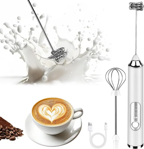 Espumador de Leche de Mano, Batidor de Café Recargable con 2 Batidores de Acero Inoxidable de 3 Velocidades, Mezclador de Bebidas, Espumador Blanco