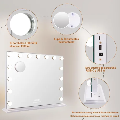 Miniatura 6 de FENCHILIN Espejo de tocador con luces, espejo de maquillaje iluminado al estilo Hollywood con 15 bombillas LED regulables para vestidor