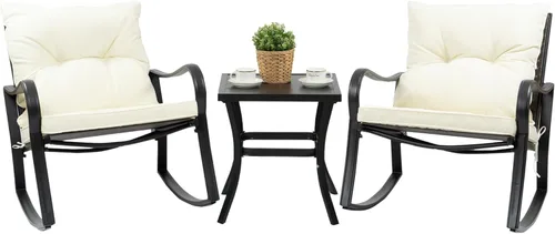 Kozyard Juego de 3 sillas mecedoras para exteriores con mesa auxiliar y cojines, juego de muebles de mimbre para jardín, porche, patio trasero,