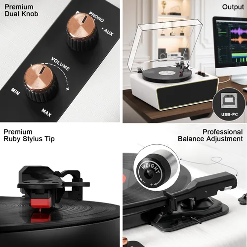 Miniatura 3 de Tocadiscos de vinilo de tamaño completo, tocadiscos Bluetooth de 3 velocidades con estilo Ruby, contrapeso ajustable, 4 altavoces estéreo