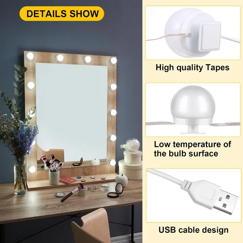 Miniatura 3 de Tuanse Juego de 2 luces LED de tocador, 28 bombillas regulables con 3 modos de color, luz de espejo de maquillaje enchufable con color y brillo
